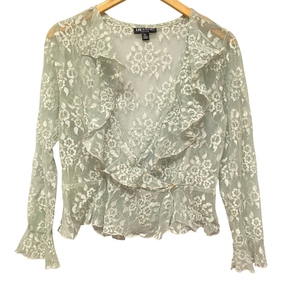 IN STUDIO Petite Y2K Flare Sleeve Sheer Lace Blouse Women PL Fairycore Festival